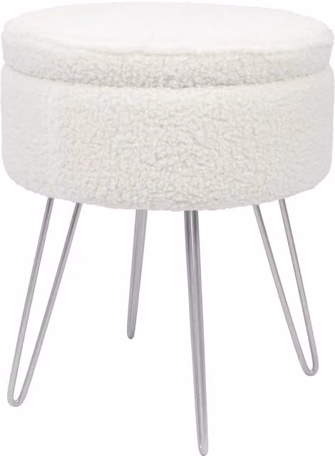 Harbour Housewares Round Boucle Storage Footstool in White and Silver