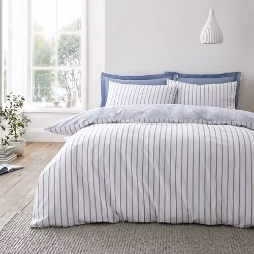 Bianca Hampton Stripe 200 Thread Count Cotton Percale Reversible Single Duvet Cover and Pillowcase Set, Blue, Duvet Cover: 135 x 200 cm, Pillowcase: 50 x 75 cm – 1