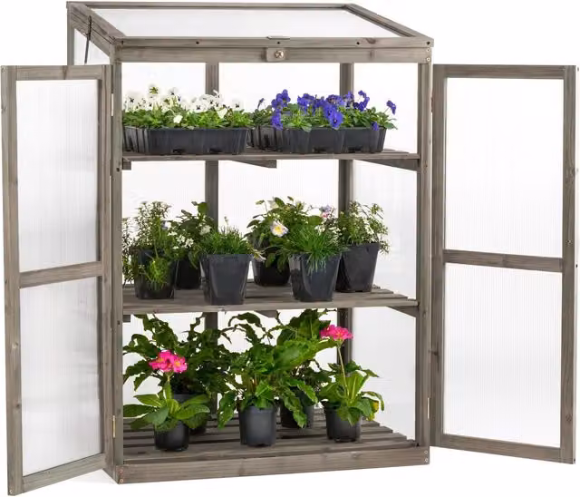 Christow Grey Wooden Polycarbonate Lean To Cold Frame Garden Greenhouse with Shelving and Lock, W/D/H: 110 x 59 x 76 cm – 1