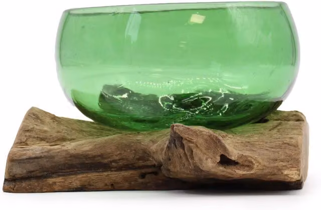KDMK Handmade Abstract Beer Bottle Glass Art Piece with Rustic Wooden Base in Brown and Green