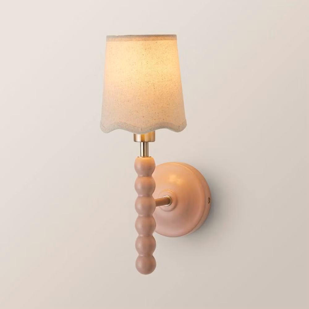 ValueLights Bobbins Pastel Bobble Wall Light with Natural Linen Shade and Bulb in Pale Pink – 2