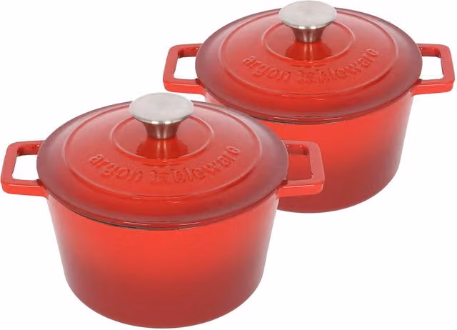 Argon Tableware 2x Round Cast Iron Casserole Dishes with Self Basting Lids, Red, 2.8 l