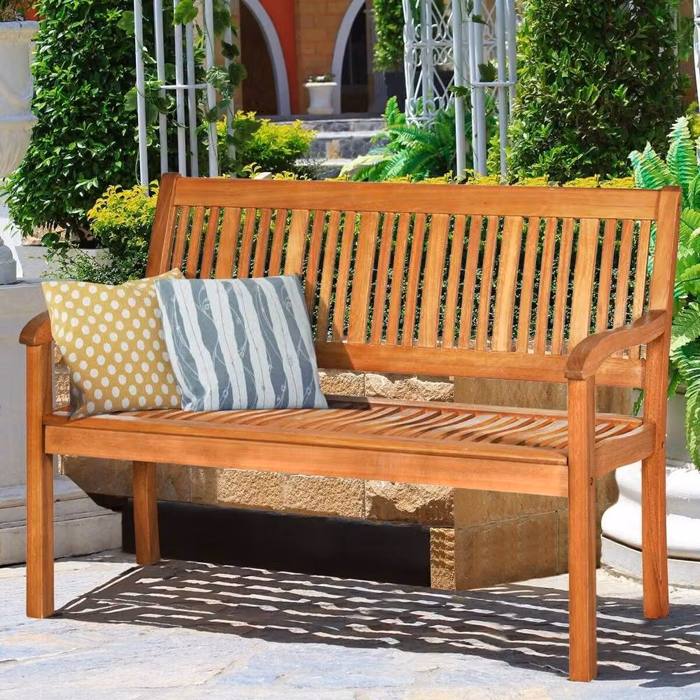 Costway Eucalyptus Wooden Dining Bench with High Backrest in Natural Brown – 3