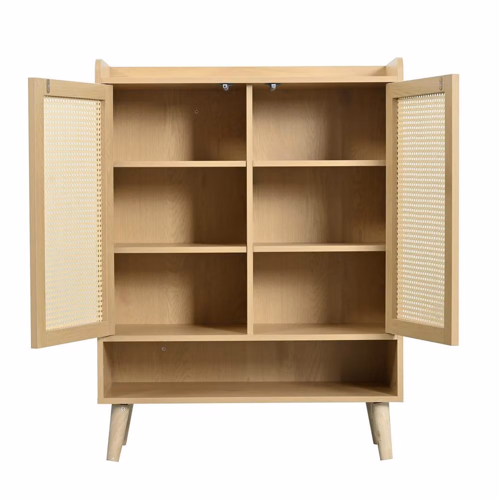 ModernLuxe Rattan Storage Cabinet with Hinged Doors and Internal Shelves in Light Oak – 3