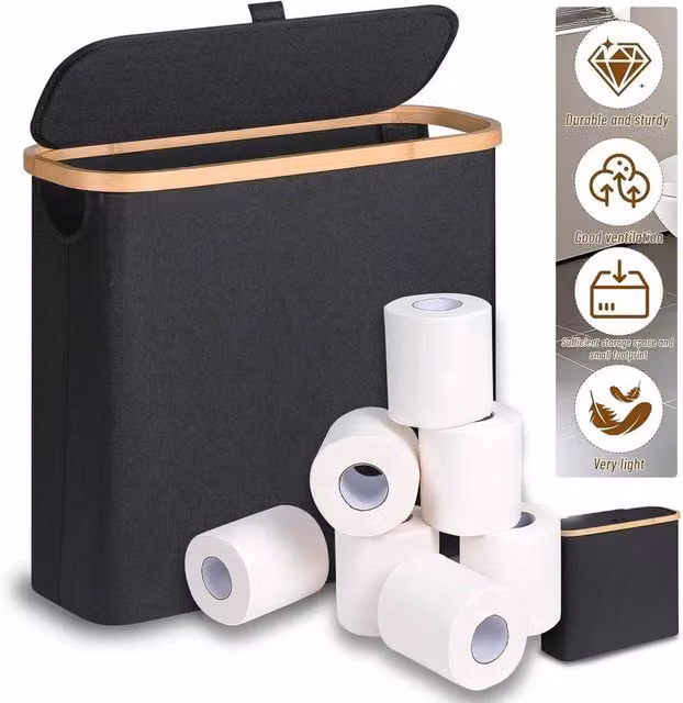 KORVIXA Black Bamboo Freestanding Toilet Roll Storage Basket with Handles, W/D/H: 90.0 x 35.0 x 0.0 cm