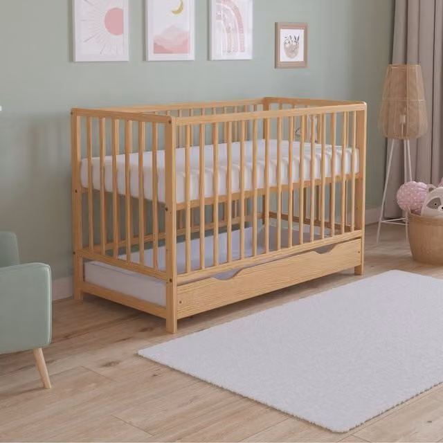 Love For Sleep Asher Cot Bed with Drawers and Foam Mattress in Brown Pine, W/D/H: 120 x 60 x 60 cm