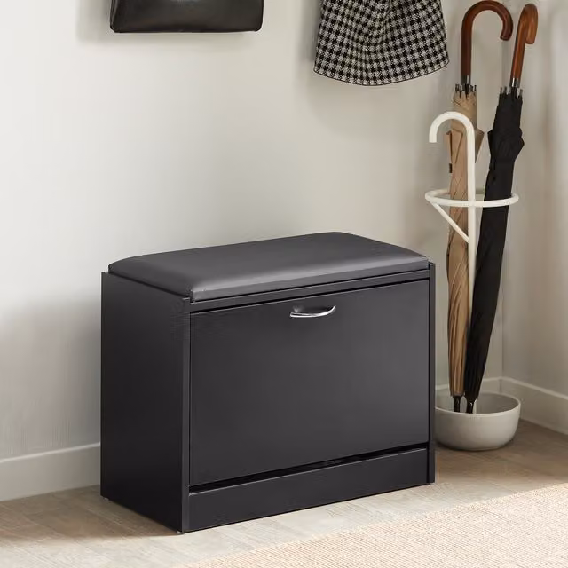 SoBuy Modern Hallway Shoe Bench with Flip-drawer and Synthetic Leather Seat Cushion in Black