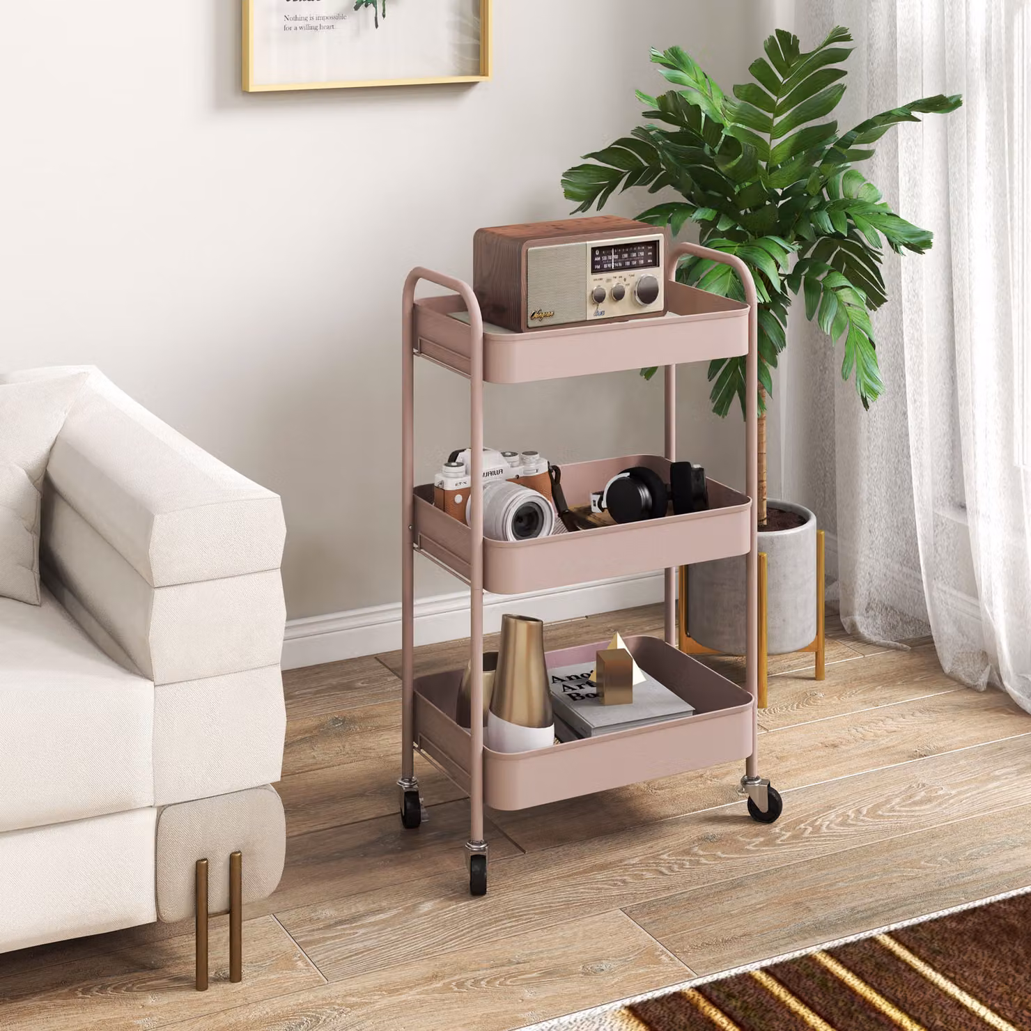 HOMCOM Three-Tier Metal Storage Trolley in Pink – 2