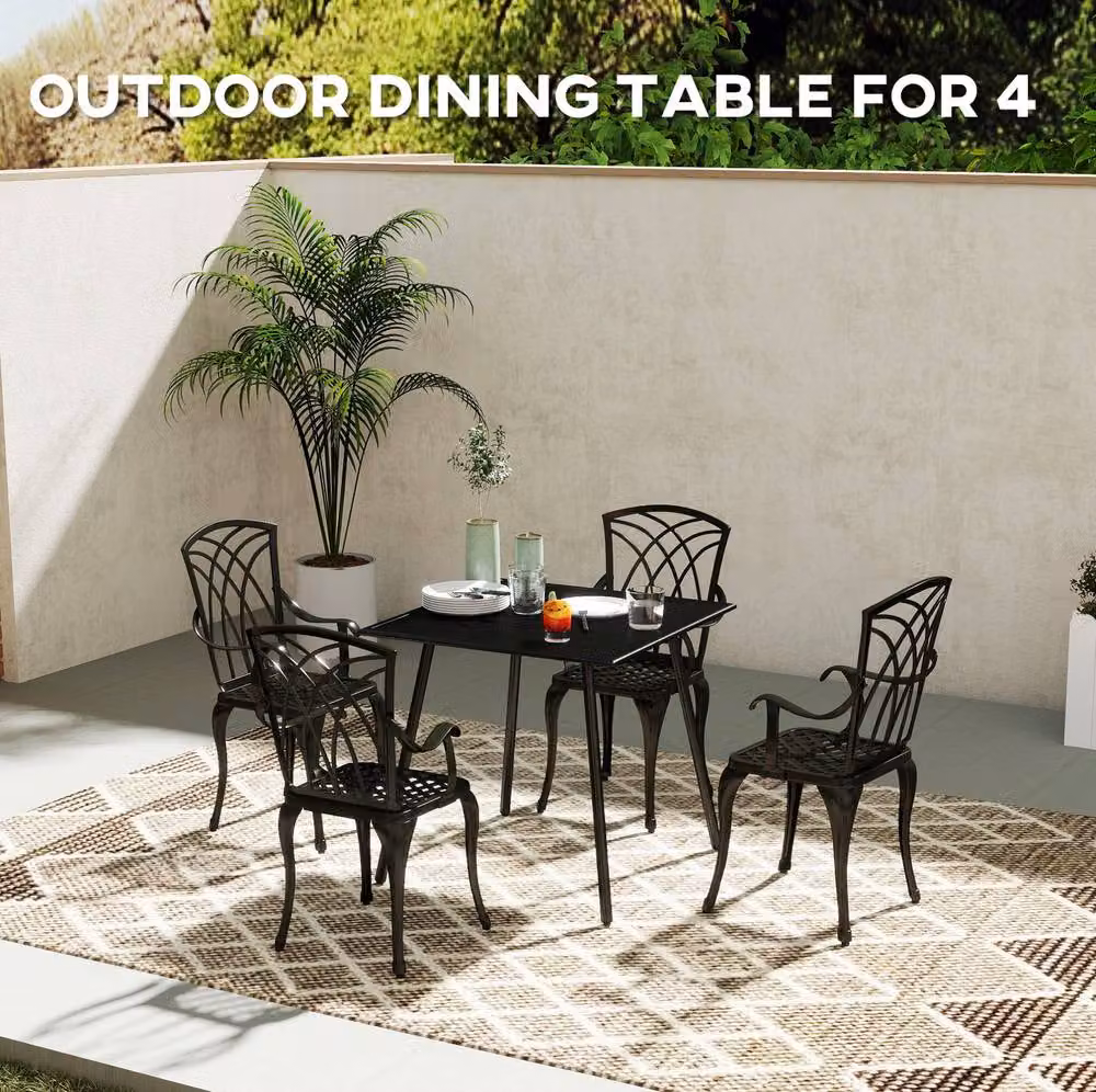 STILVORA Black Metal Garden Dining Table with Slatted Top for 4, W: 80 cm, D: 80 cm – 5