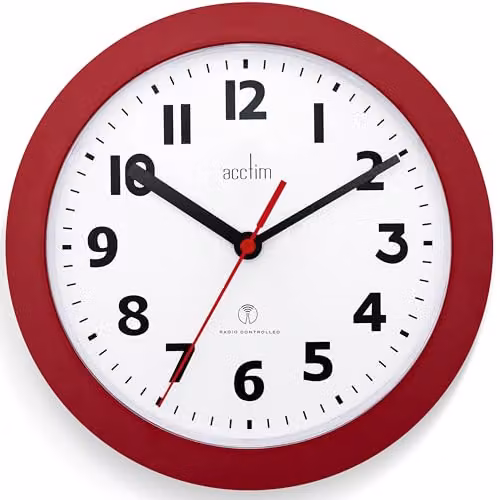 Acctim Parona Radio Controlled Analog Wall Clock in Red and Black, Diameter: 23 cm