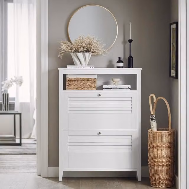 SoBuy Modern White Narrow Hallway Shoe Cabinet with Tilting Compartments and Open Shelves