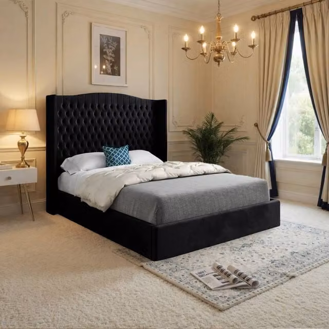 KDMD Stonegrave Winged Upholstered Designer Bed Frame in Black Soft Velvet, Size: Double (140 x 200 cm)