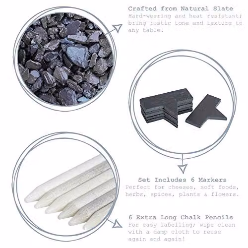 Argon Tableware Grey Slate Cheese Markers with White Chalk Pencils, W: 7 cm, D: 2.5 cm – 3