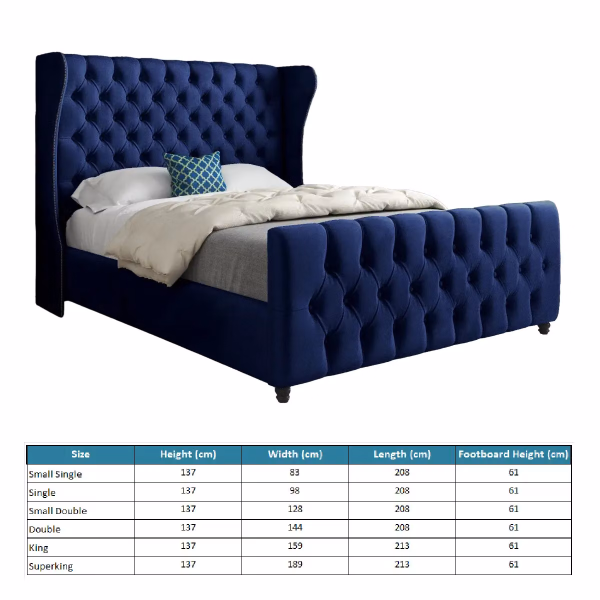 Casani Chesterfield Upholstered Velvet Bed Frame in Blue W/D/H: 144 x 137 x 200 cm – 5