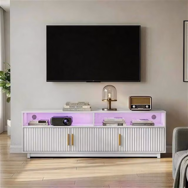 EONLION White LED TV Unit with Integrated RGB Lighting and Grille Doors, Width: 160 cm – 1
