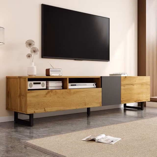 Aosom UK Retro TV Cabinet with Three Doors and Two Compartments in Dark Grey and Natural, W/D/H: 36.5 x 170 x 42 cm – 1
