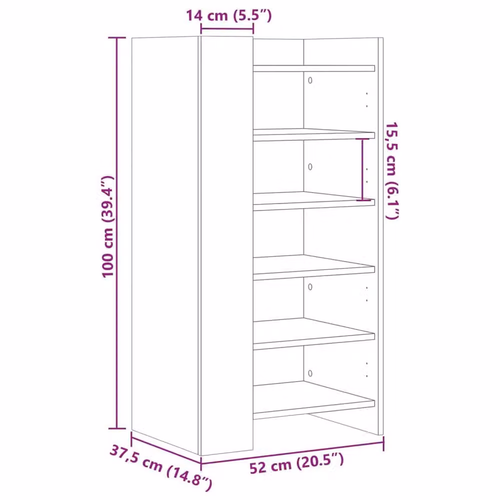 Berkfield Home Modern Black Shoe Cabinet with Internal Shelves, W/D/H: 52 x 37.5 x 100 cm – 6