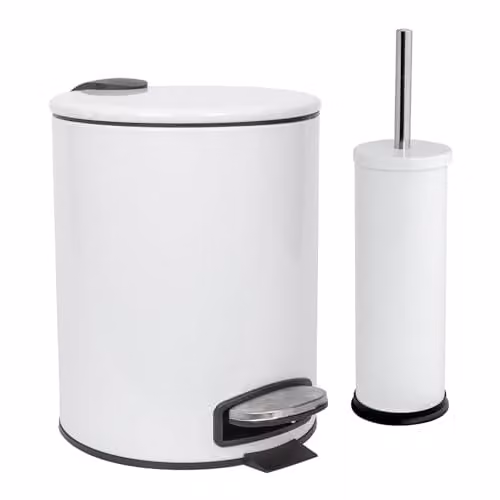 Harbour Housewares 5L Round Stainless Steel Pedal Bin and Toilet Brush Set in White – 1