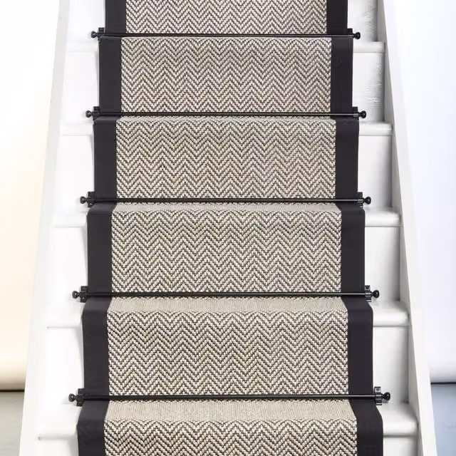 RainbowHome Java Herringbone Stair Runner in Sand with Black Cotton Border, W: 50 cm, L: 650 cm