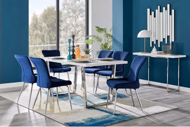 FurnitureboxUK Kylo White High Gloss Rectangular Dining Table with 6 Blue Nora Silver Leg Chairs