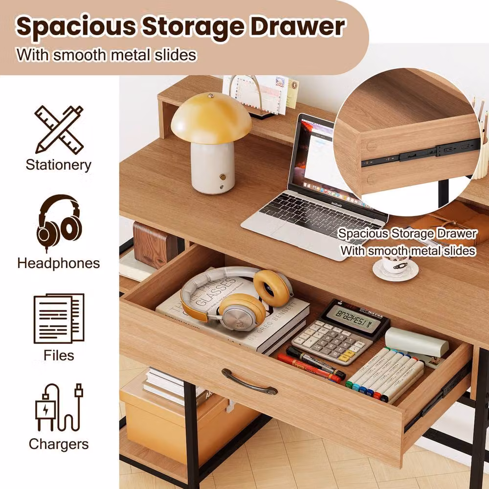Costway Modern Computer Desk with Power Outlets in Brown – 3