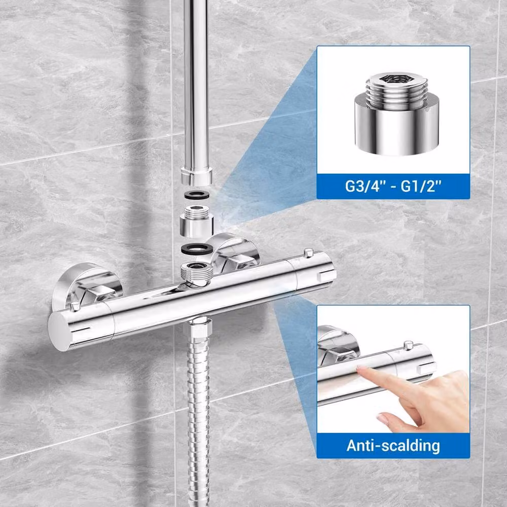 FLAVORA Chrome Twin Outlet Thermostatic Shower Valve in Silver – 2