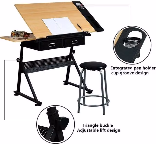 VOGREX Wood Adjustable Drafting Table and Stool Set in Beige