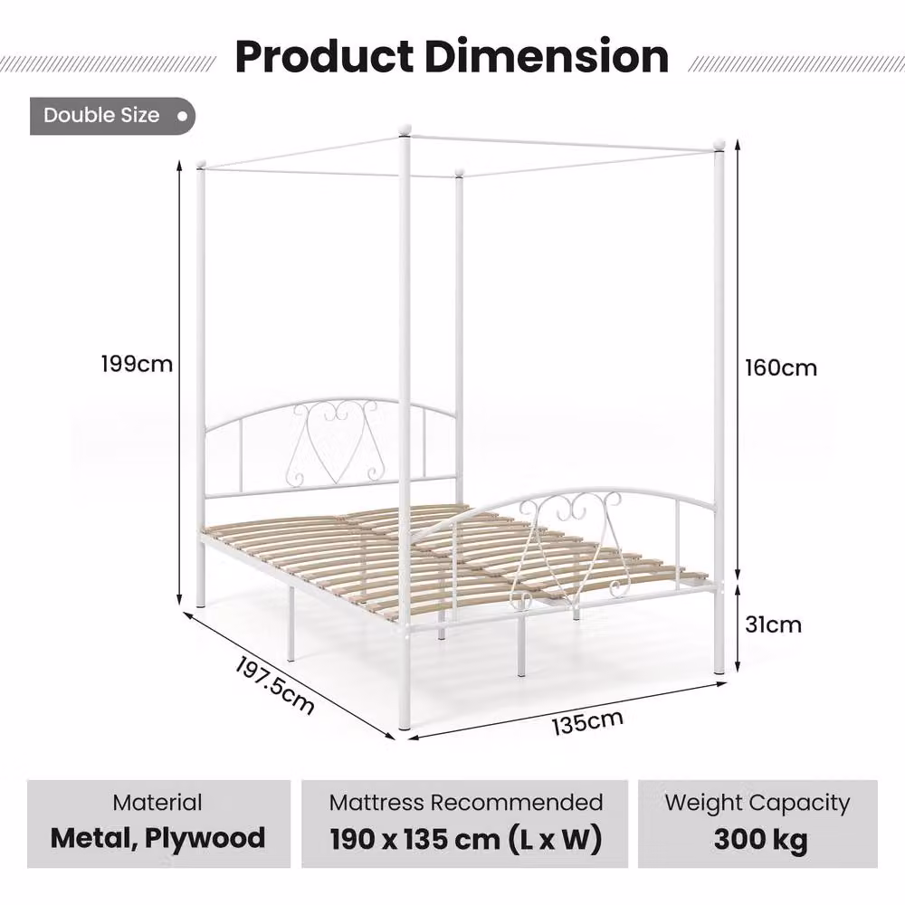 Costway Double Metal Canopy Bed Frame with Headboard and Footboard in White, W/D/H: 140 x 200 cm – 3