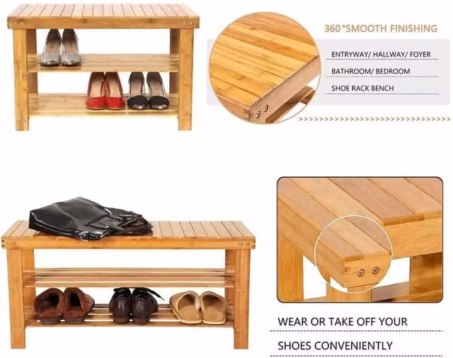 Nordara Bamboo Shoe Rack Seating Bench in Brown, W/D/H: 50 x 30 x 90 cm