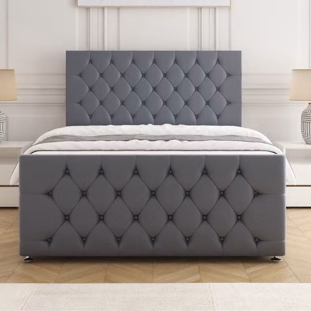 BSSPOKE Maya Divan Bed Set with 24 inch Headboard and Mattress in Charcoal Grey Plush Velvet, Super King, W/D/H: 200 x 200 cm