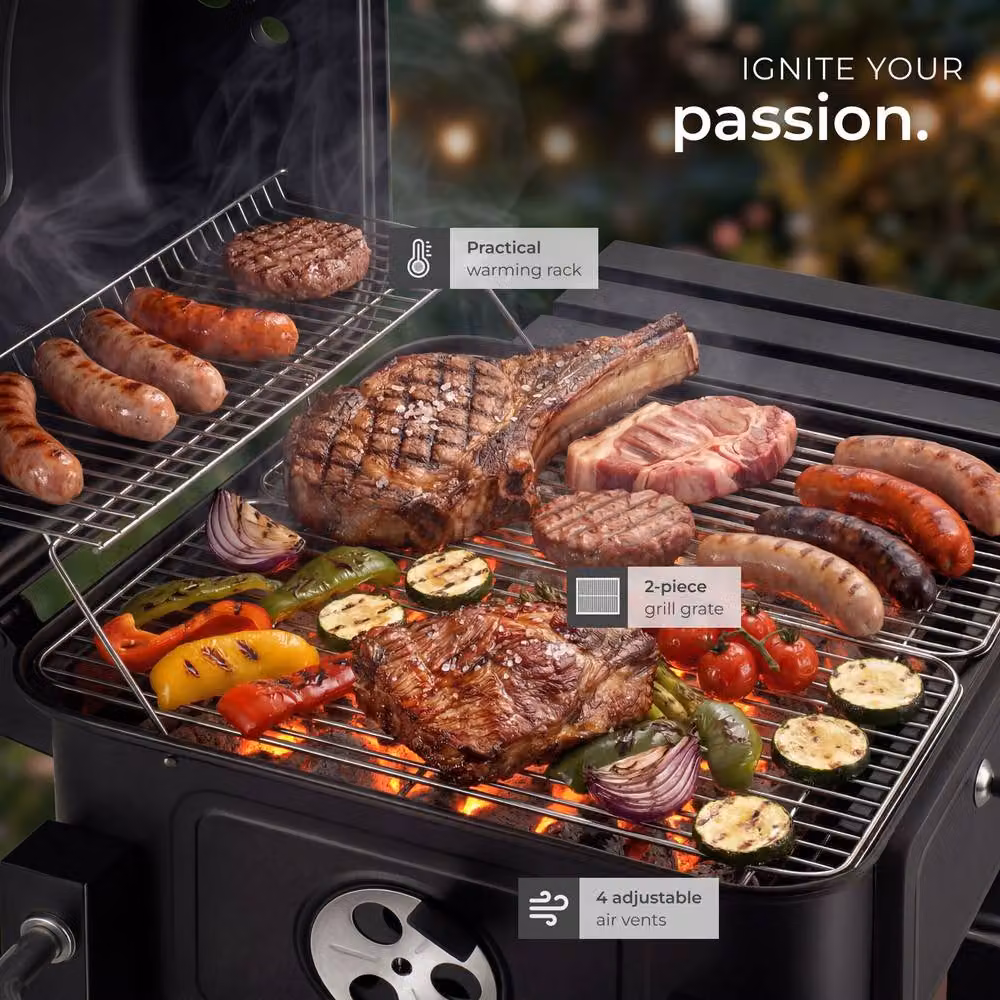 tectake Florian Charcoal Grill in Black with Wheels, Warming Rack and Thermometer, W/D/H: 110 x 64 x 104 cm – 3