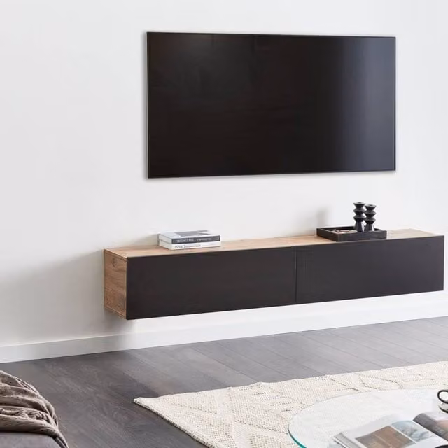 Wyld and Coco Wall-Mounted TV Stand in Black and Brown with 2 Cabinets, W: 180 cm, H: 32 cm, D: 30 cm – 1