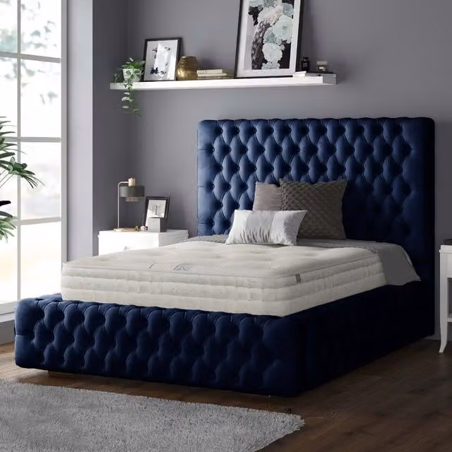 IH Design Royal Chesterfield Upholstered Plush Velvet Bed Frame, Blue, Single