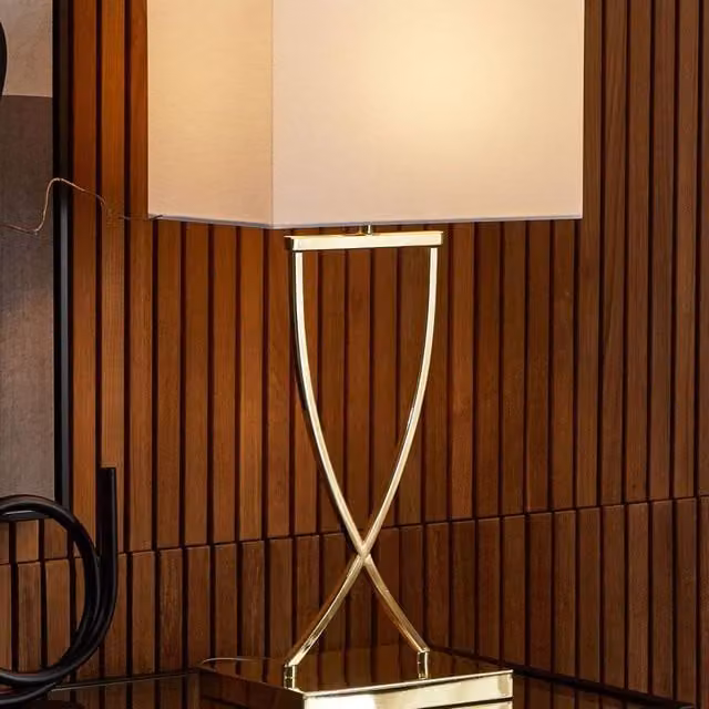 Wyld and Coco Gold Metal Table Lamp with White Rectangular Fabric Shade, Height: 62 cm