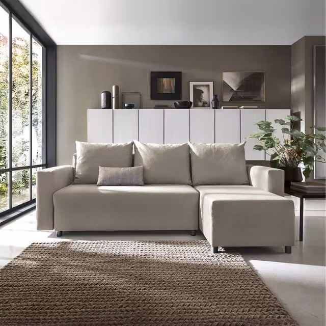 Abakus Direct Oslo Reversible L-Shape Corner Sofa Bed in Sand Fabric with Sleeping Function and Scatter Cushions