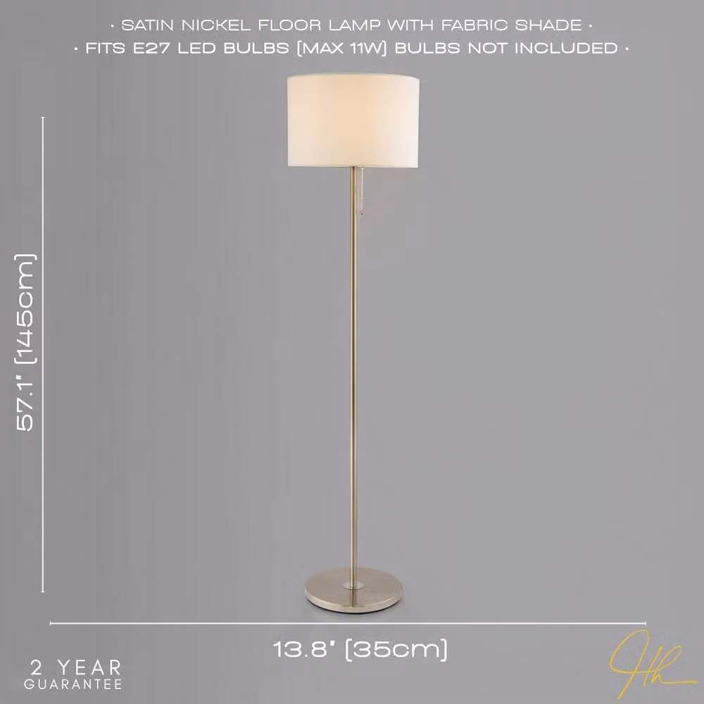 Happy Homewares Classic Brushed Satin Nickel Floor Lamp with White Fabric Cylinder Shade and Metal Pull Switch in Silver – 2