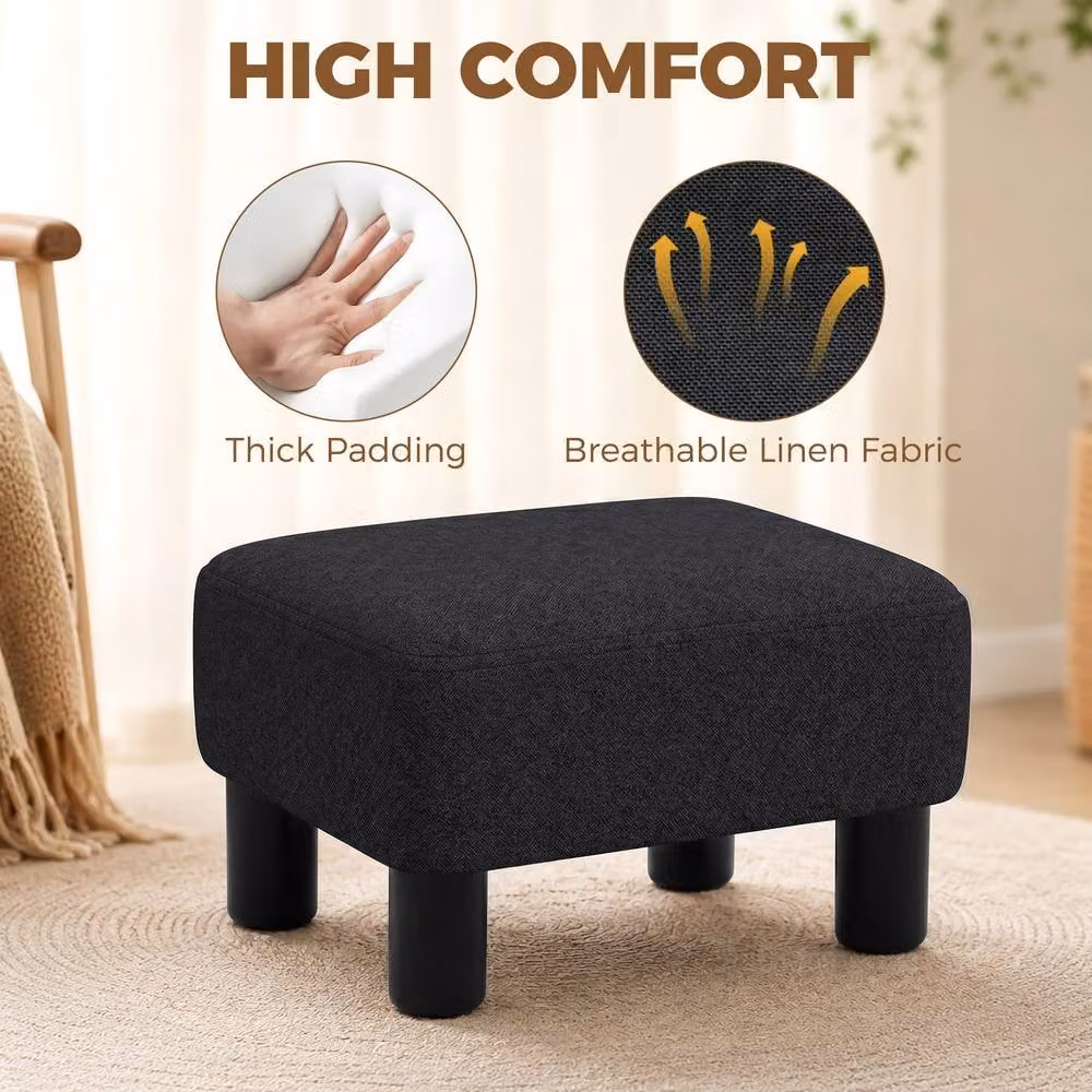 STILVORA Black Linen Upholstered Footstool with Wood Frame – 5