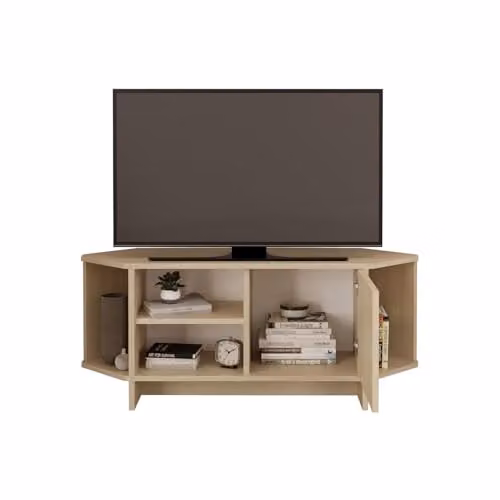 BIMOSSA Teo Corner TV Stand in Light Oak with Cabinet and Open Shelves – 2