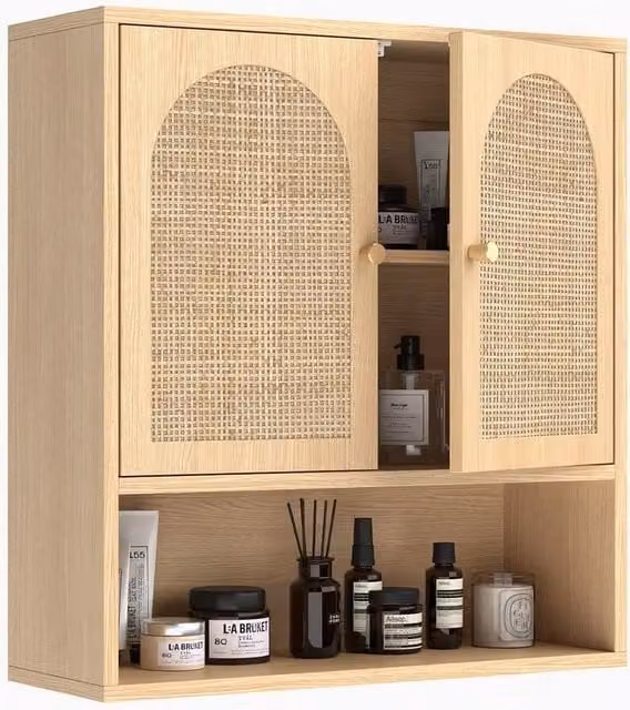 KORVIXA Oak and Bamboo Bathroom Wall Cabinet, Brown, W: 70 cm, H: 75 cm – 1