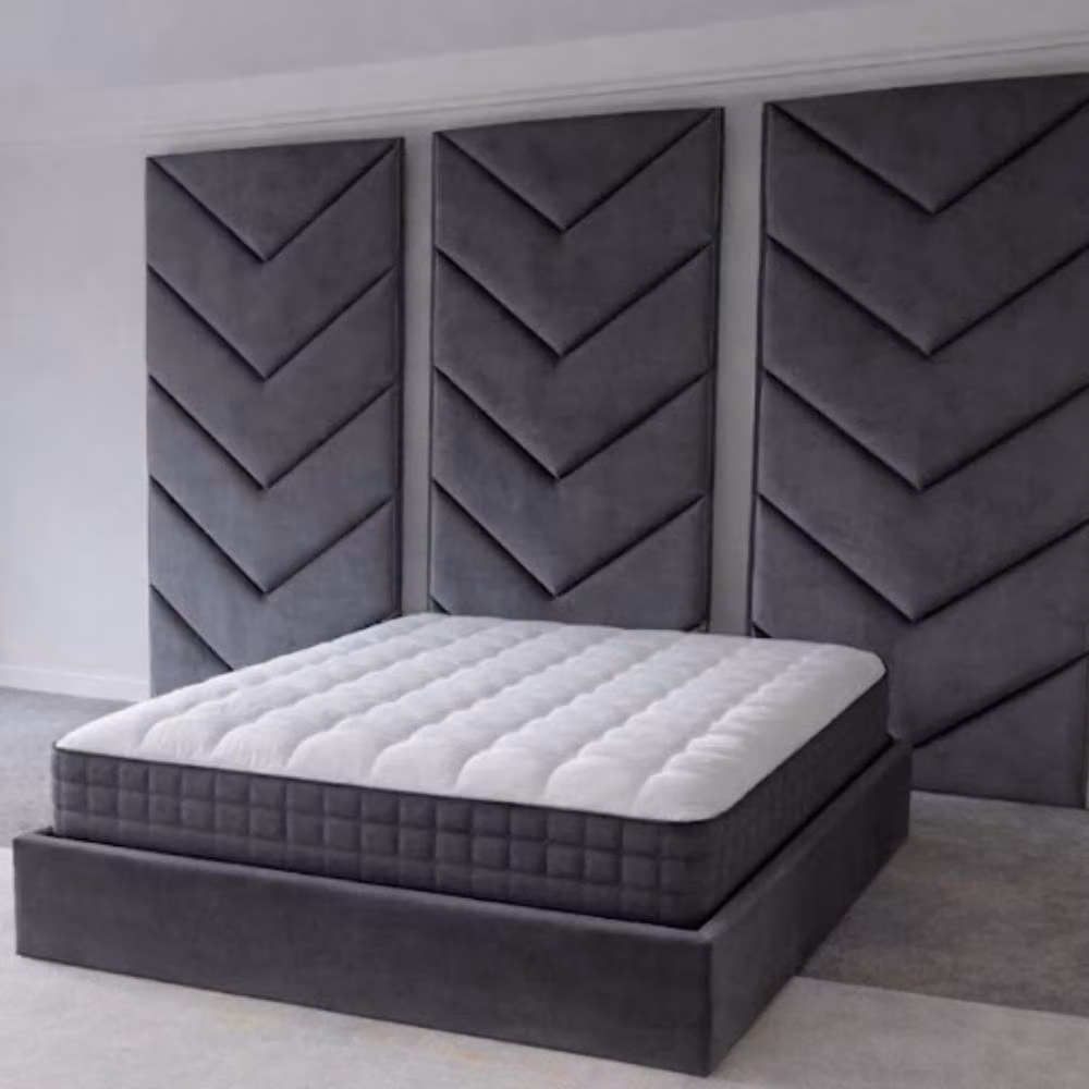Stratus Interiors Optimus Luxury Velvet Bed Frame with Chevron Panel Headboard and Lift Up Base in Grey, W/D/H: 180 x 200 cm – 2