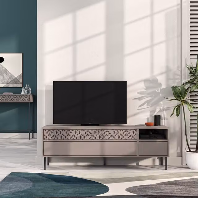 Decortie Modern Abstract TV Unit in Grey and Brown with Wood and Metal Construction