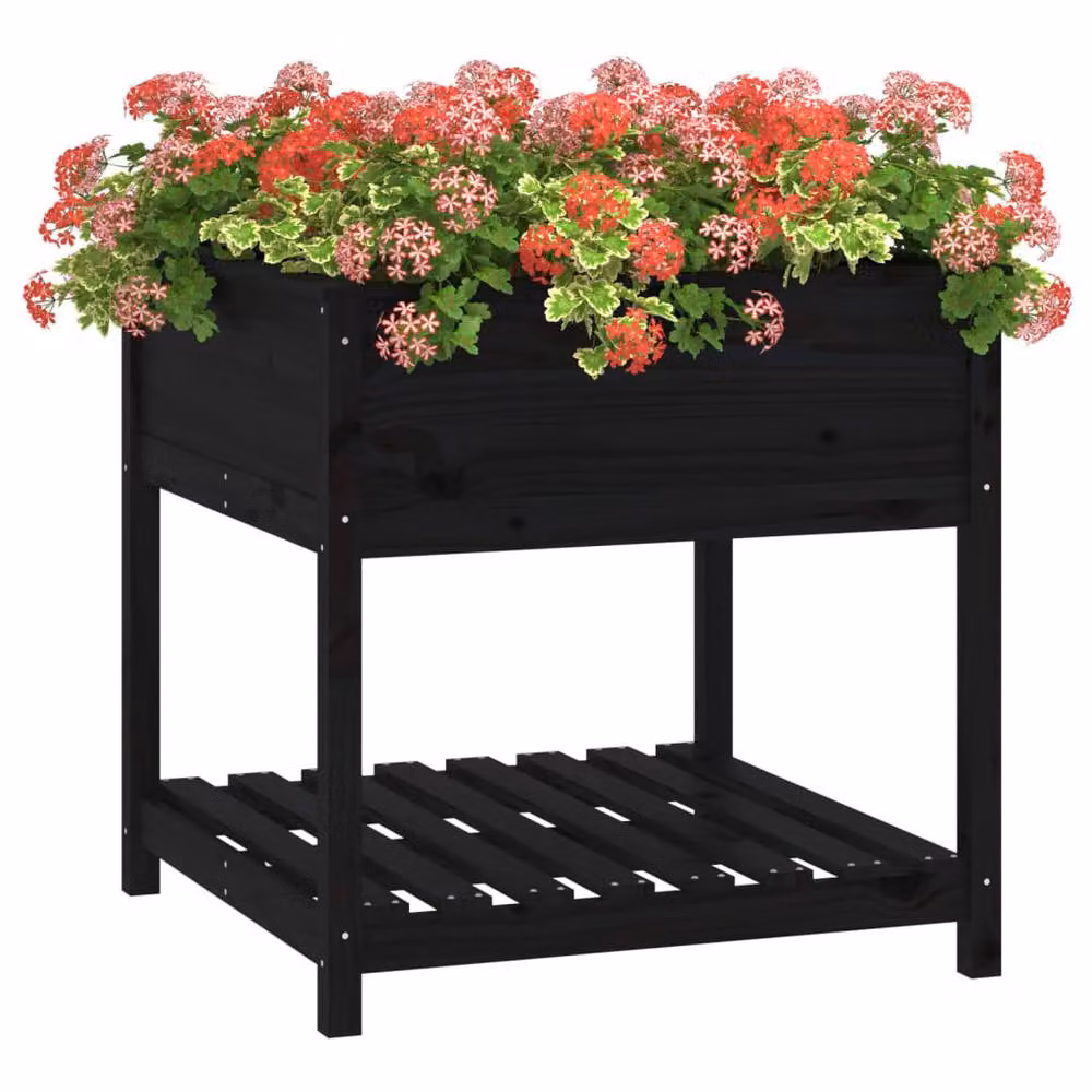 Berkfield Home Black Solid Wood Pine Planter with Shelf W/D/H: 82.5 x 82.5 x 81 cm – 3