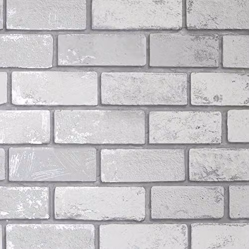 Arthouse Metallic 3D Brick Effect Wallpaper in White and Silver