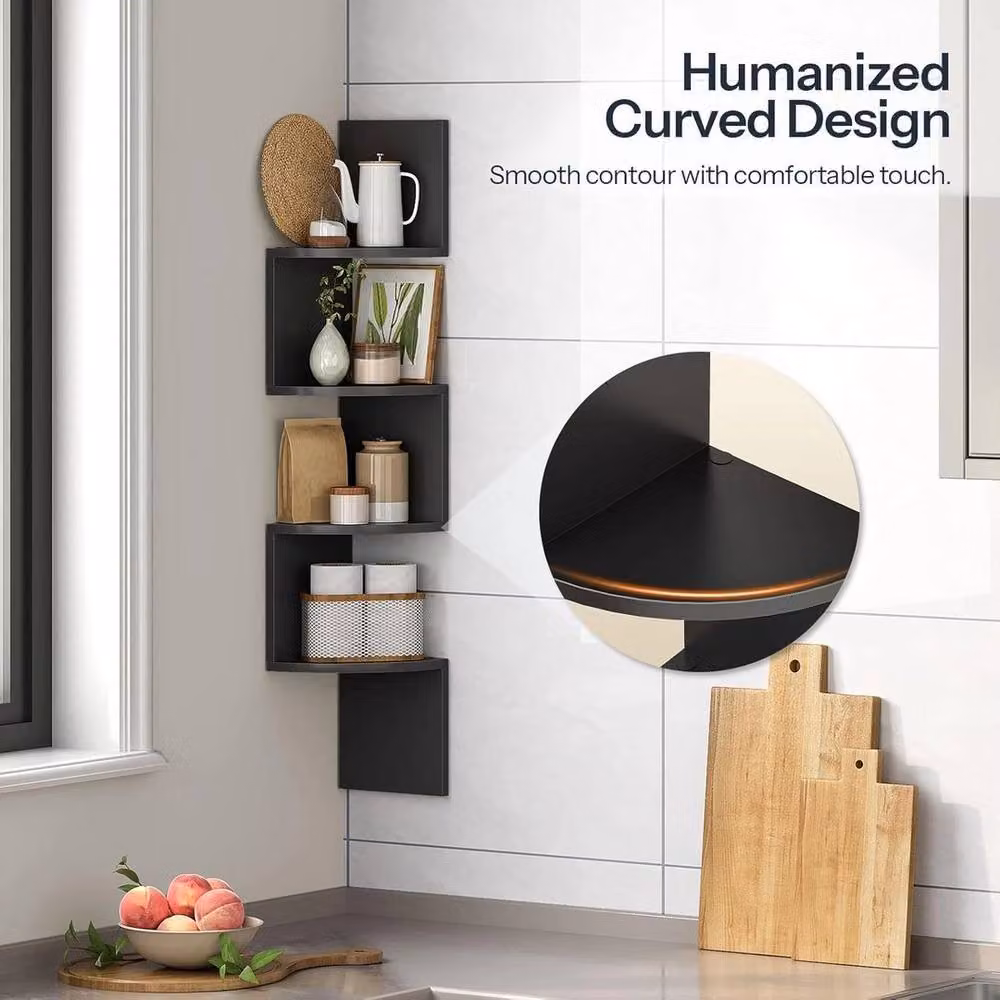 EONLION 7 Tier Floating Corner Shelves, Black Wooden Wall Mounted Storage Display Shelf, W: 50 cm – 3