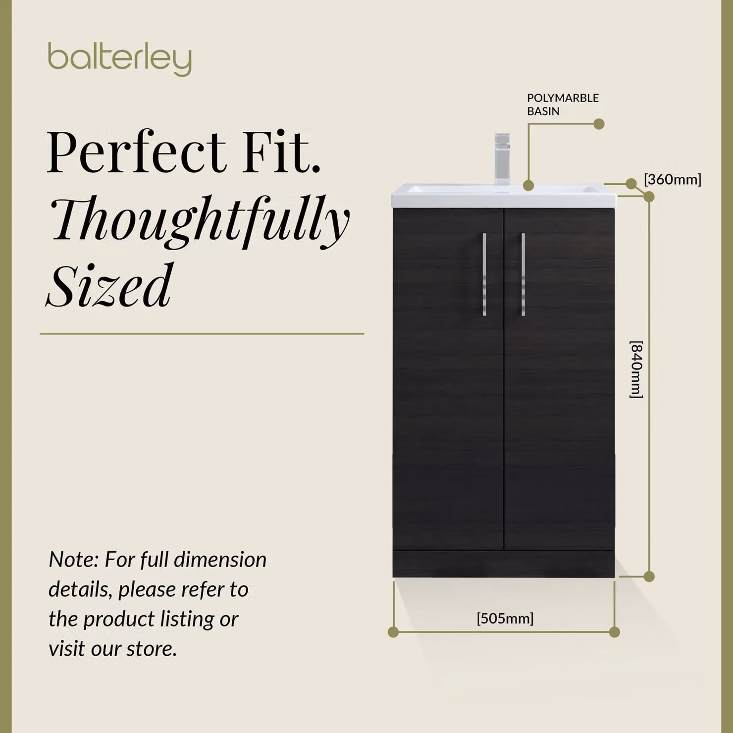 Balterley Modern Black Wood Freestanding Bathroom Vanity Basin Unit with Soft Close Hinged Doors and Chrome Handles W: 50 cm, H: 84 cm, D: 50 cm – 4