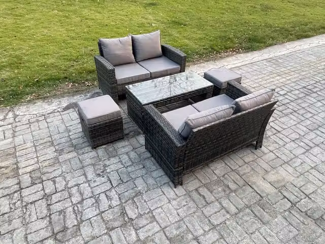 Fimous 5 Piece Poly Rattan Garden Furniture Set with Loveseat, Table and 2 Footstools in Dark Grey