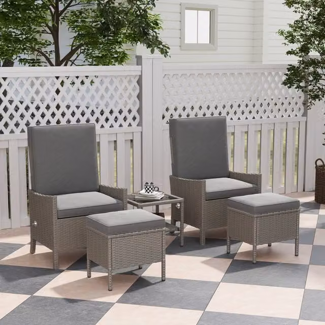 Outsunny 5 Piece Modern Polyrattan Garden Furniture Set in Grey with Upholstered Cushions, Lounge Armchair, Ottoman and Coffee Table