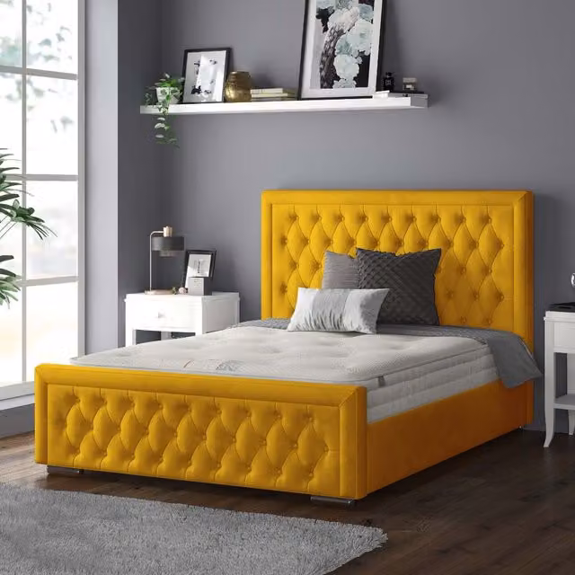 IH Design Chesterfield Upholstered Velvet Bed Frame in Yellow, W/D/H: 180 x 200 cm