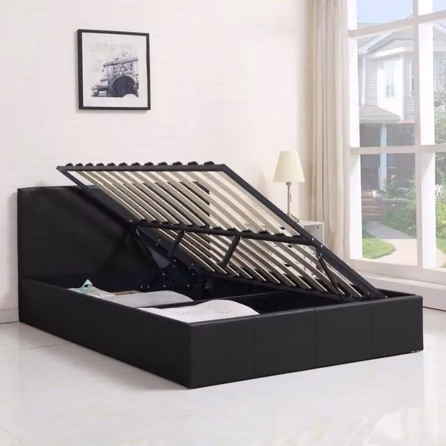 Kosy Koala Black Synthetic Leather Ottoman Storage Bed with Lift Up Base, W/D/H: 120 x 200 cm