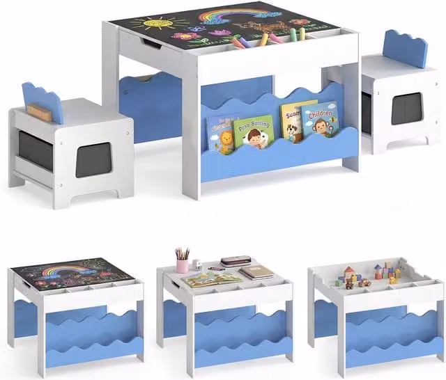 COSTWAY Blue Kids Activity Table and Chairs Set with Reversible Square Wood Board